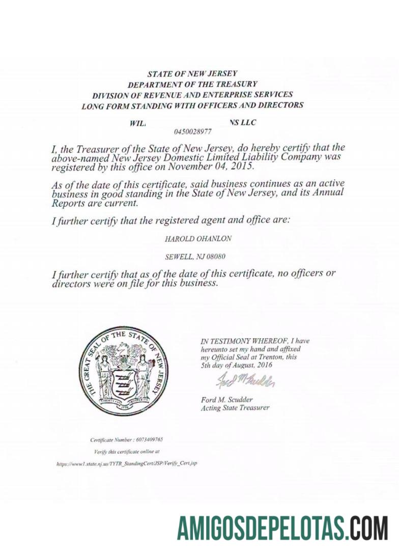 Modelo de Certificado de Boa Situação dos EUA Nova Jersey